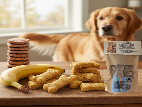 Close-up of Banana Buck Biscuits dog biscuit treats
