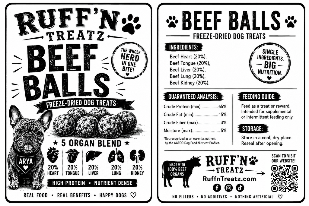 Beef Balls - Organ Meat Balls - Freeze Dry freeze-dried dog treats in a Ruff'n Treatz package