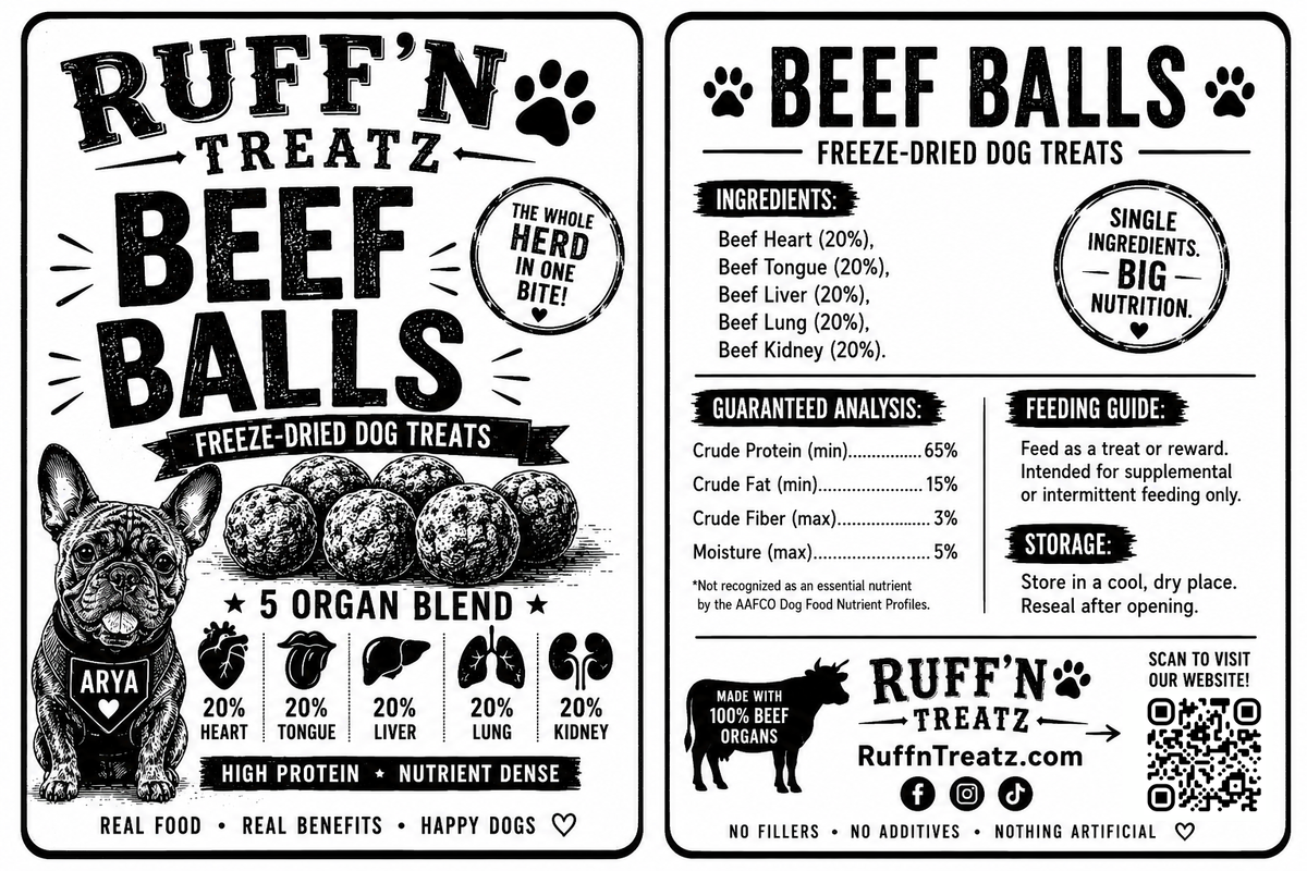 Beef Balls - Organ Meat Balls - Freeze Dry freeze-dried dog treats in a Ruff'n Treatz package