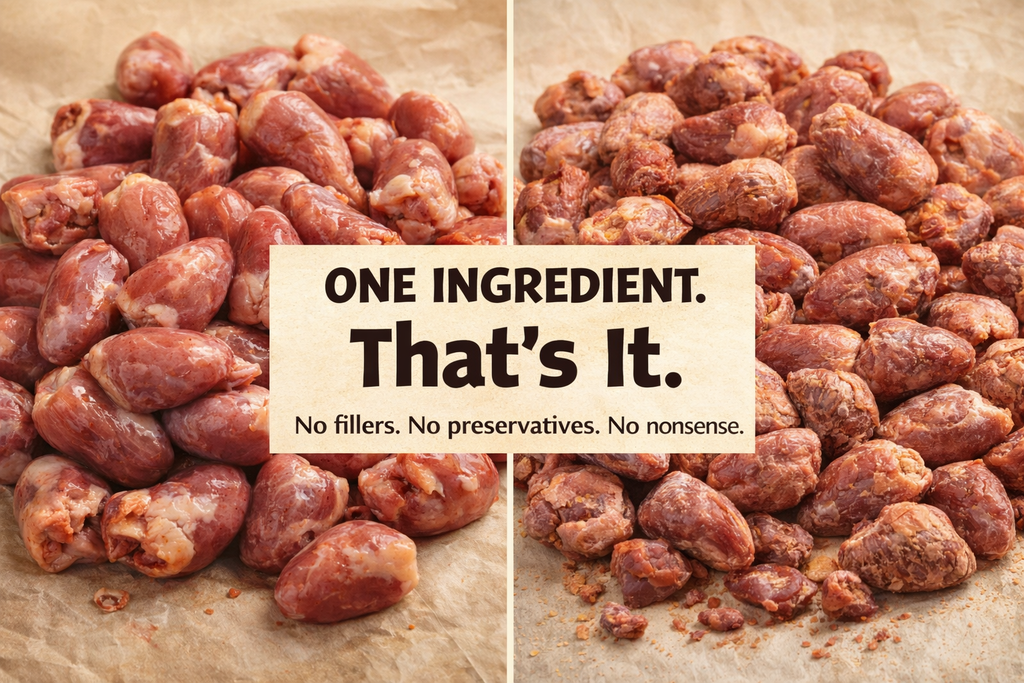 Close-up of Chicken Hearts freeze-dried dog treat pieces