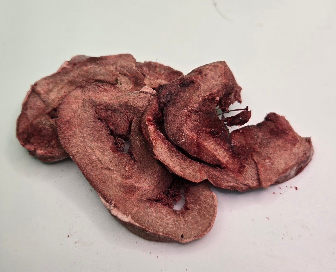 Close-up of Deer Heart Treats freeze-dried dog treat pieces