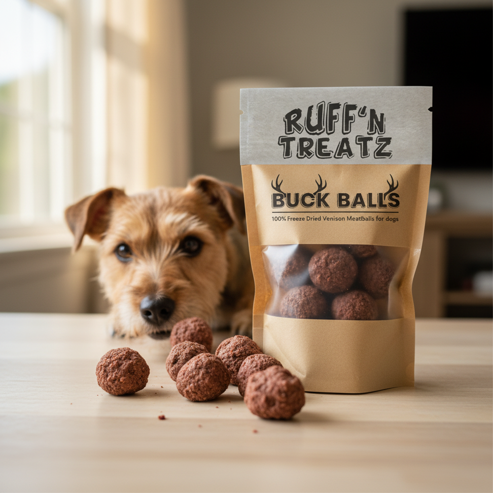 Dog enjoying Buck Balls - Venison Meat Balls - Freeze Dry freeze-dried treats from Ruff'n Treatz