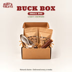 Ruff'n Treatz Buck Box for small dogs: 2 bags of treats, a deer ear and a skin roll
