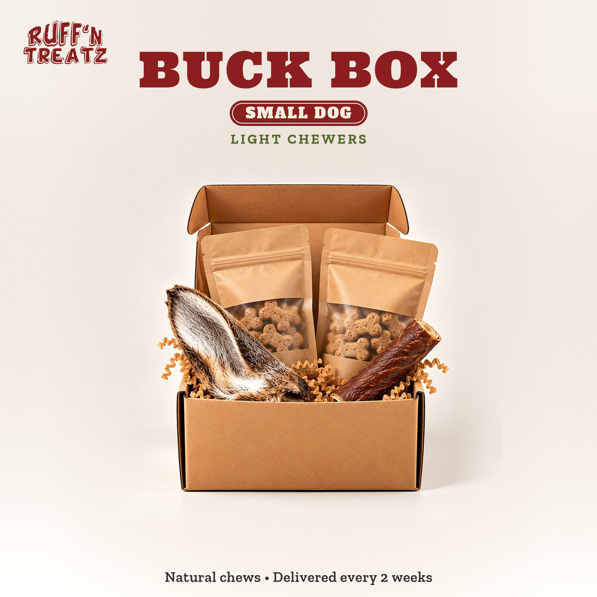 Ruff'n Treatz Buck Box for small dogs: 2 bags of treats, a deer ear and a skin roll