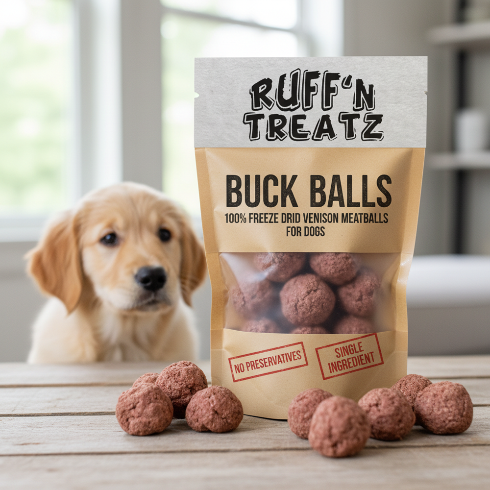 Close-up of Buck Balls - Venison Meat Balls - Freeze Dry freeze-dried dog treat pieces
