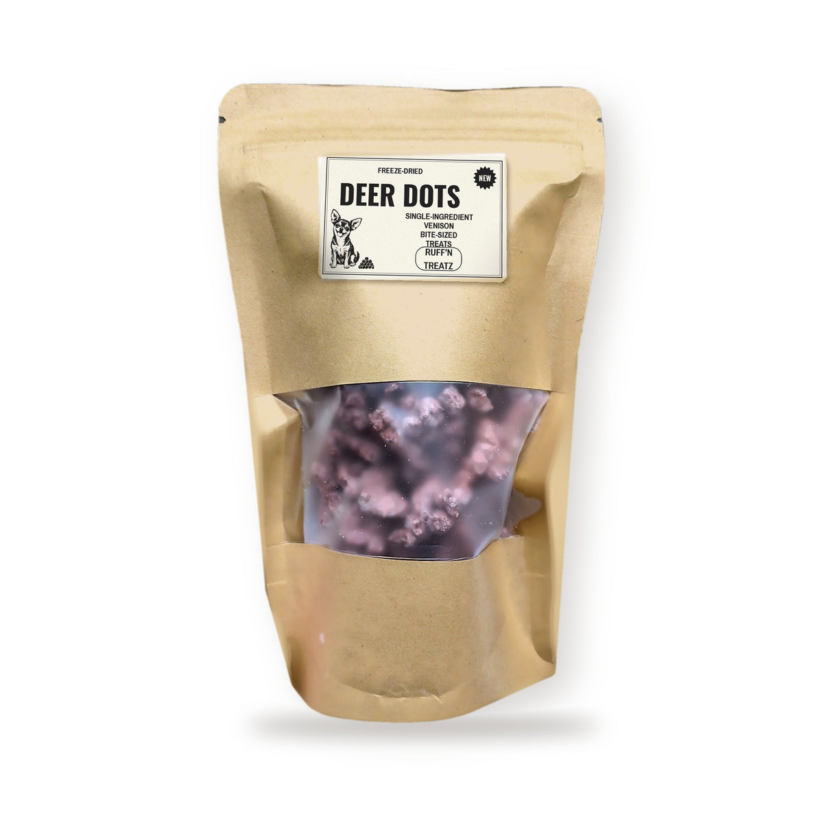 Deer Dots tiny freeze-dried venison dog treats in labeled kraft bag