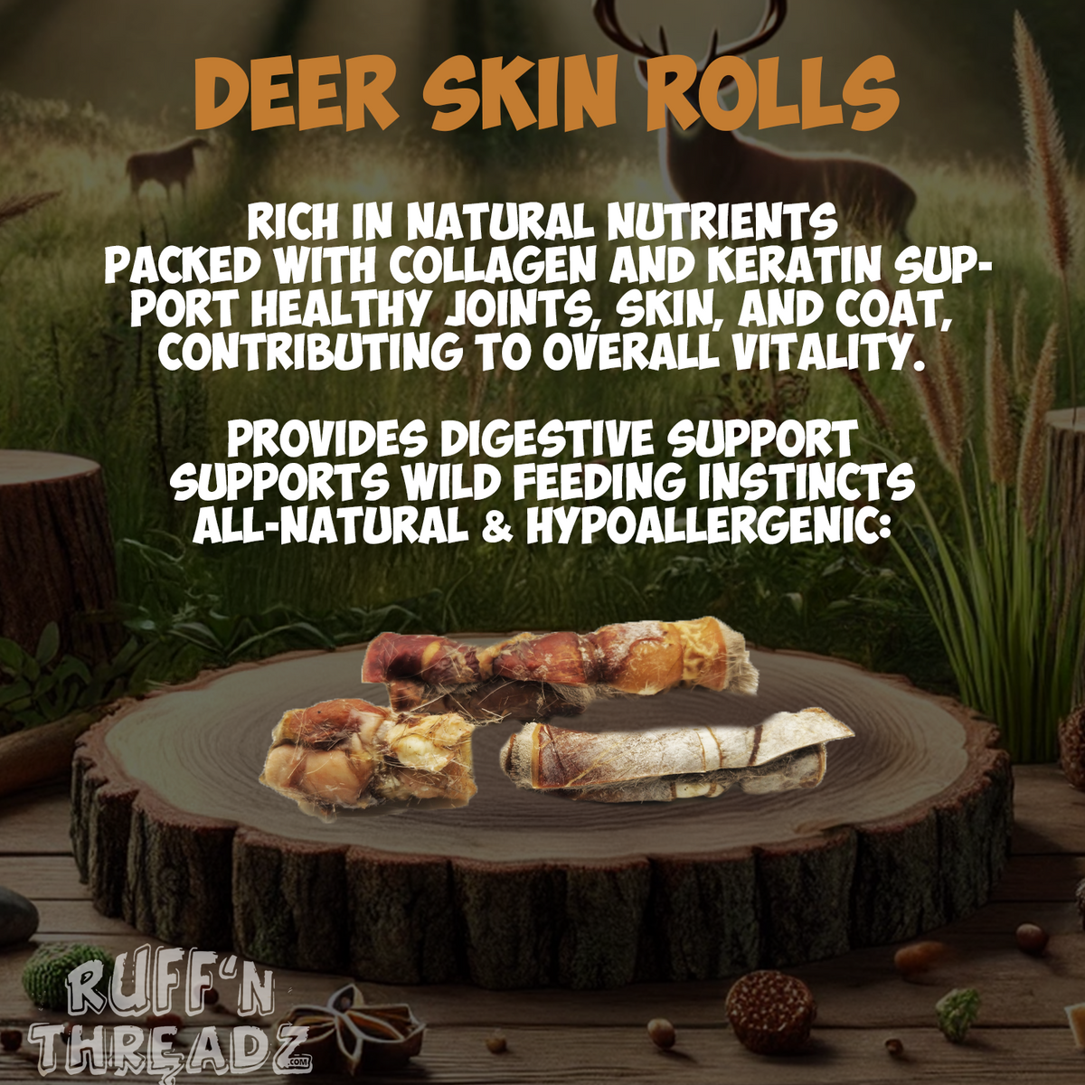 Deer Skin Jerky Rolls dog chews, package front view