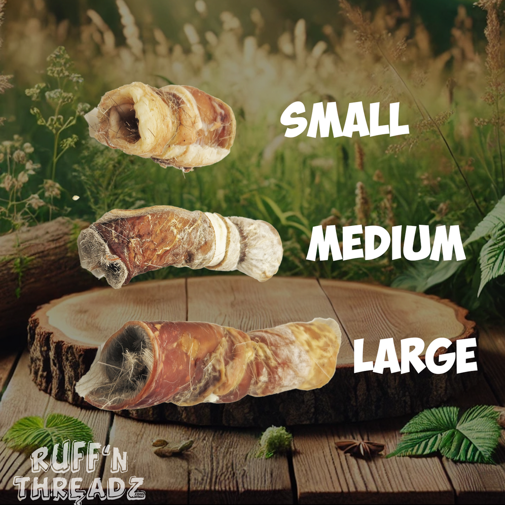 Close-up of Deer Skin Jerky Rolls all-natural dog chews