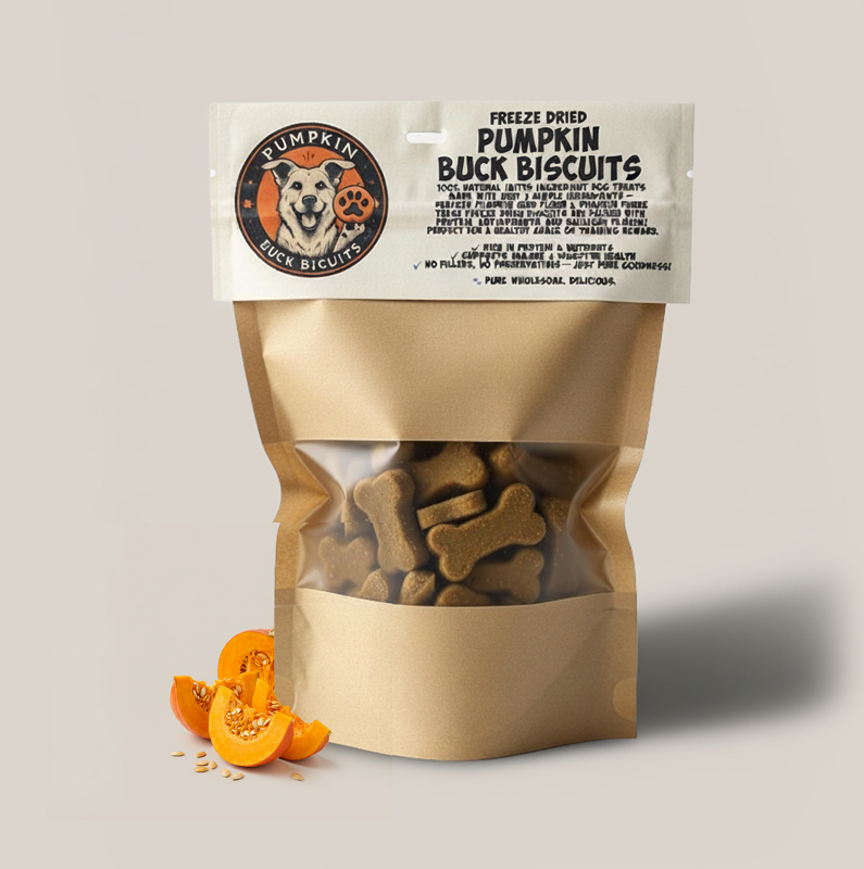 Pumpkin Buck Biscuits Freeze Dried dog biscuit treats from Ruff'n Treatz