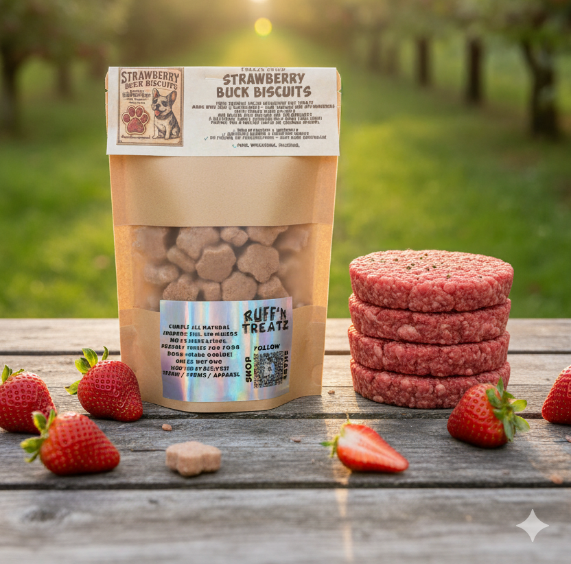 Close-up of Strawberry Buck Biscuits dog biscuit treats
